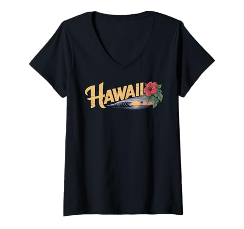 Damen Hawaii Vintage Retro Hibiskus Blume Aloha Strand Surfen T-Shirt mit V-Ausschnitt Damen Hawaii Vintage Retro Hibiskus Blume Aloha Strand Surfen T-Shirt mit V-Ausschnitt von Hawaii Vintage Retro Graphic Insel Designs