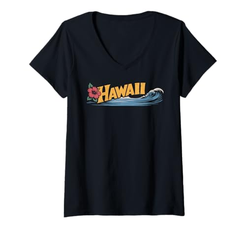 Damen Hawaii Vintage Retro Hibiskus Blume Aloha Strand Surfen T-Shirt mit V-Ausschnitt Damen Hawaii Vintage Retro Hibiskus Blume Aloha Strand Surfen T-Shirt mit V-Ausschnitt von Hawaii Vintage Retro Graphic Insel Designs