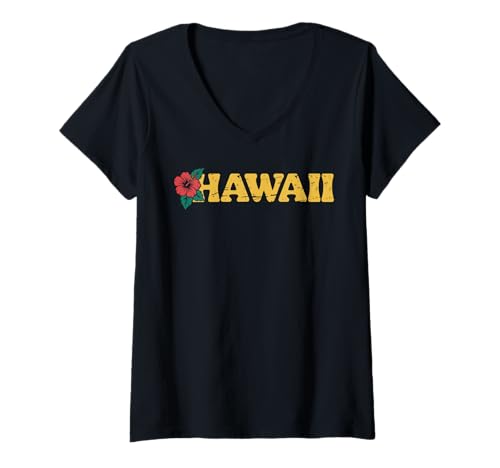 Damen Hawaii Vintage Retro Hibiskus Blume Aloha Strand Surfen T-Shirt mit V-Ausschnitt Damen Hawaii Vintage Retro Hibiskus Blume Aloha Strand Surfen T-Shirt mit V-Ausschnitt von Hawaii Vintage Retro Graphic Insel Designs