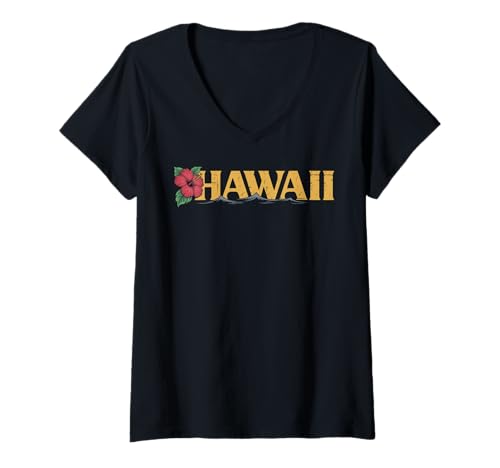 Damen Hawaii Vintage Retro Hibiskus Blume Aloha Strand Surfen T-Shirt mit V-Ausschnitt Damen Hawaii Vintage Retro Hibiskus Blume Aloha Strand Surfen T-Shirt mit V-Ausschnitt von Hawaii Vintage Retro Graphic Insel Designs