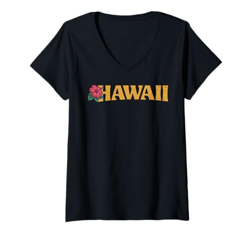 Damen Hawaii Vintage Retro Hibiskus Blume Aloha Strand Surfen T-Shirt mit V-Ausschnitt Damen Hawaii Vintage Retro Hibiskus Blume Aloha Strand Surfen T-Shirt mit V-Ausschnitt von Hawaii Vintage Retro Graphic Insel Designs