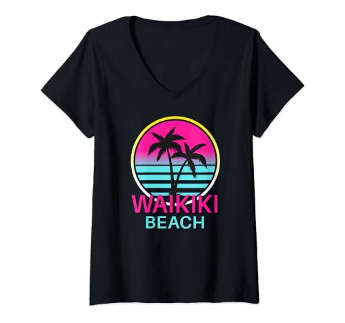 Damen Waikiki Beach Hawaii Summer Trip Hawaiian T-Shirt mit V-Ausschnitt Damen Waikiki Beach Hawaii Summer Trip Hawaiian T-Shirt mit V-Ausschnitt von Hawaii Waikiki Beach Tee