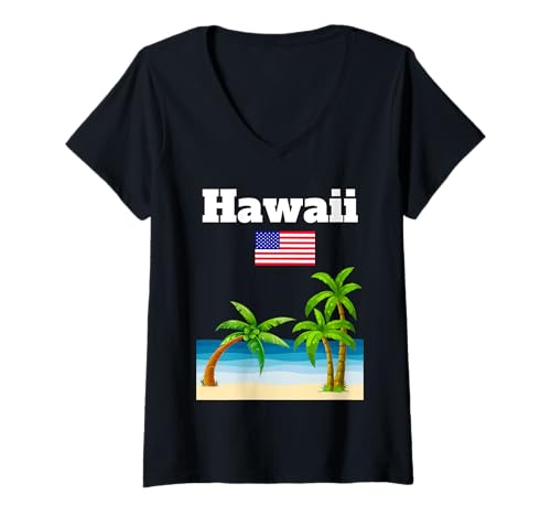 Damen Hawaii Souvenir Tropische Strand Palme US Flagge T-Shirt mit V-Ausschnitt Damen Hawaii Souvenir Tropische Strand Palme US Flagge T-Shirt mit V-Ausschnitt von Hawaii souvenir US flag apparel