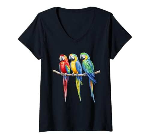 Damen Bunte Papageien, lebhafte tropische Papageien, Ara, lebendige Vögel T-Shirt mit V-Ausschnitt Damen Bunte Papageien, lebhafte tropische Papageien, Ara, lebendige Vögel T-Shirt mit V-Ausschnitt von Hawaiian Party Parrot Lover Kids Women Men Apparel