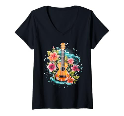 Damen Ukulele Hawaii Hibiskus Blumen Gitarre Hawaii Surfer Ukulele T-Shirt mit V-Ausschnitt Damen Ukulele Hawaii Hibiskus Blumen Gitarre Hawaii Surfer Ukulele T-Shirt mit V-Ausschnitt von Hawaiian Ukulele Player Apparel Co.