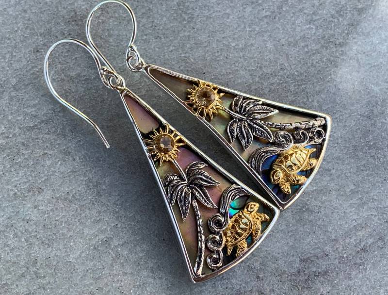 Schildkröte Sun Wave Palme Citrin Abalone Shell Gold Silber Ohrringe von HawaiianDesignsCo