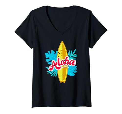 Damen Aloha Surfbrett Tropenblätter Küstenstil T-Shirt mit V-Ausschnitt Damen Aloha Surfbrett Tropenblätter Küstenstil T-Shirt mit V-Ausschnitt von Hawaiianische Strand- und Surffans