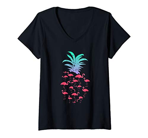 Damen Flamingo Ananas Frucht T-Shirt mit V-Ausschnitt Damen Flamingo Ananas Frucht T-Shirt mit V-Ausschnitt von Hawaiianische Vögel Tier Kollektion