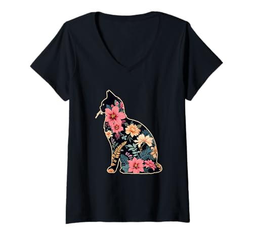 Damen Hawaiianische Katze mit Hibiskus Blumen Design Hawaii Katzen T-Shirt mit V-Ausschnitt Damen Hawaiianische Katze mit Hibiskus Blumen Design Hawaii Katzen T-Shirt mit V-Ausschnitt von Hawaiianisches Aloha Outfit im Hawaii Katzen Look