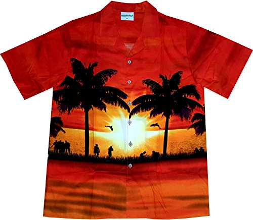 Hawaiihemd / Hawaii Hemd Sun of Hawaii / 100 Prozent Baumwolle / Palmen / Sonnenuntergang- Größe 6XL, Rot von Hawaiihemdnet