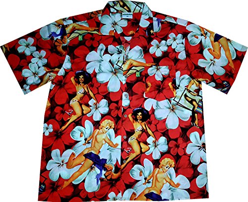 Hawaiihemd/Hawaii Hemd „Flower Girls (red)“ / 100% Baumwolle/Größe S – 6XL / rot/Blüten/Blumen/Pin-Up von Hawaiihemdshop