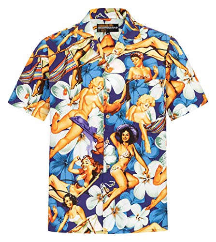 Hawaiihemdshop Hawaii-Hemd | Herren | Baumwolle | Größe S - 8XL | Brusttasche | Blau | Kurzarm | Pin-Up Girls | Blumen | Aloha | Hawaii-Shirt | Kokosnuss-Knöpfe von Hawaiihemdshop