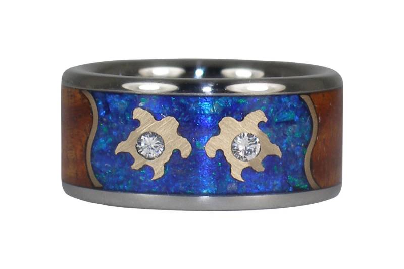 Goldene Schildkröten Diamant Titanring Mit Opal Und Tiger Koa von Hawaiititanium