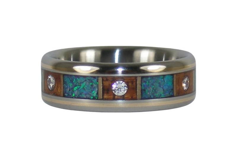 Sechs Diamant Ehering Koa Holz Mit Grün Opal von Hawaiititanium
