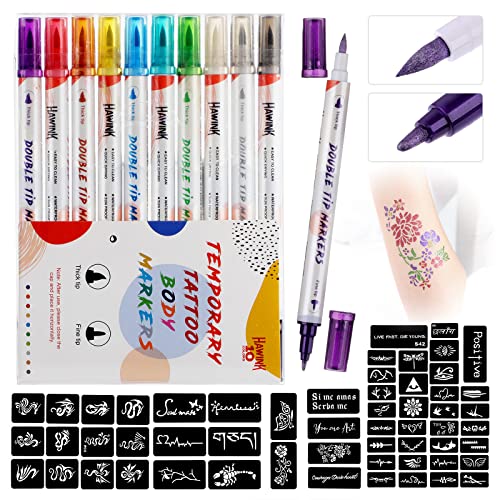 HAWINK Temporary Tattoo Markers for Skin, Tattoo Stifte Kinder Für Die Haut 10 Body Markings Hautfreundlich Dual-End Large Tattoo Stencils for Kids Adults ZYH2208001KIT HAWINK Temporary Tattoo Markers for Skin, Tattoo Stifte Kinder Für Die Haut 10 Body Markings Hautfreundlich Dual-End Large Tattoo Stencils for Kids Adults ZYH2208001KIT von HAWINK