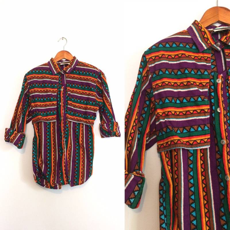 Vintage 80Er Jahre Südwestlichen Print Shirt/Western Cut Out Cowgirl Rodeo Aztec Schlüsselloch Top Größe Medium von HawkandEcho