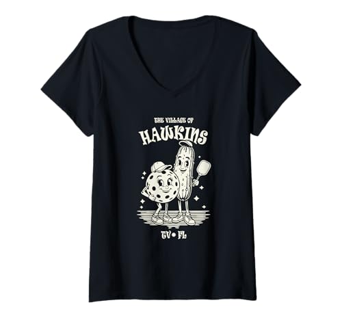 Damen Lustiges Pickleball-Cartoon-Design von The Village of Hawkins TV FL T-Shirt mit V-Ausschnitt Damen Lustiges Pickleball-Cartoon-Design von The Village of Hawkins TV FL T-Shirt mit V-Ausschnitt von Hawkins TV FL USA Designs and Souvenirs