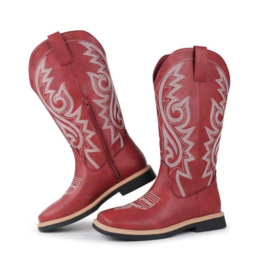 Hawkwell Damen-Cowboystiefel mit quadratischer Zehenpartie, seitlichem Reißverschluss, bestickt, niedriger Absatz, Westernstiefel mit mittlerer Wadenhöhe, Rot, EU 39 Hawkwell Damen-Cowboystiefel mit quadratischer Zehenpartie, seitlichem Reißverschluss, bestickt, niedriger Absatz, Westernstiefel mit mittlerer Wadenhöhe, Rot, EU 39 von Hawkwell