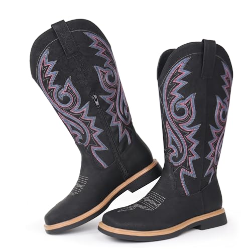 Hawkwell Damen-Cowboystiefel mit quadratischer Zehenpartie, seitlichem Reißverschluss, bestickt, niedriger Absatz, Westernstiefel mit mittlerer Wadenhöhe, Schwarz, EU 40 von Hawkwell