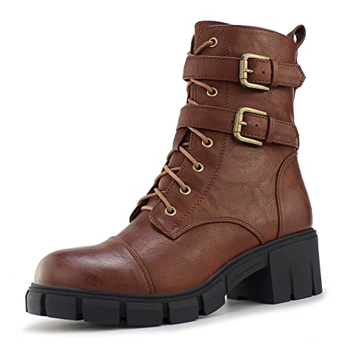 Hawkwell Damen Kampfstiefel seitlicher Reißverschluss Schnalle klobiger Stiefeletten,Braun EU 41 von Hawkwell