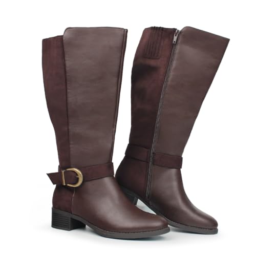 Hawkwell Kniehohe Damen-Stiefel mit extra breitem Waden-Ziehverschluss und seitlichem Reißverschluss,Braun Synthetik EU 36 von Hawkwell