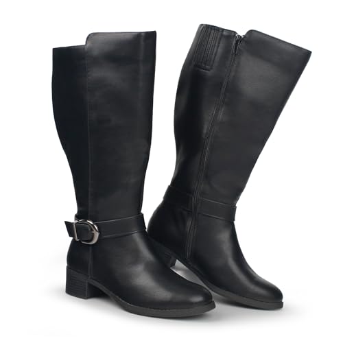 Hawkwell Kniehohe Damen-Stiefel mit extra breitem Waden-Ziehverschluss und seitlichem Reißverschluss,Schwarz Synthetik EU 37 von Hawkwell