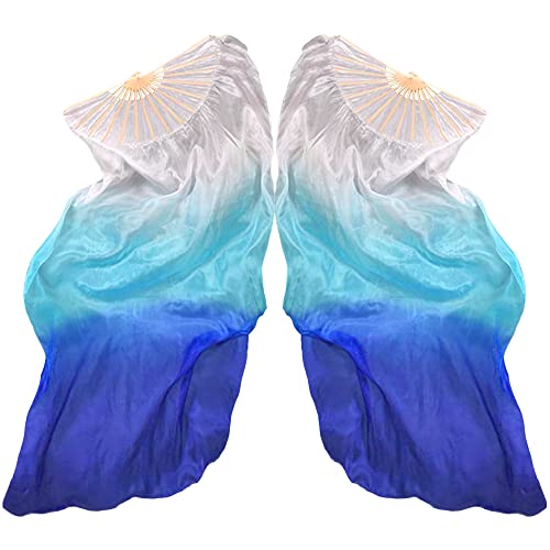 Hayaww 1 Paar FäCherschleier Bauchtanz, Lange FäCher Bauchtanz Fans SchleierfäCher Schleier Bambus-FäCherschleier Bauchtanz Schleier Lang Bambus Fan Zum Tanzen,1.8m,FüR Auftritte,Proben (Verlauf Blau) von Hayaww