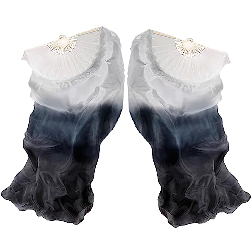 Hayaww 1 Paar FäCherschleier Bauchtanz,Lange FäCher Bauchtanz Fans SchleierfäCher Schleier Bambus-FäCherschleier Bauchtanz Schleier Lang Bambus Fan Zum Tanzen, 1.8m, FüR Auftritte(Verlauf Schwarz) von Hayaww