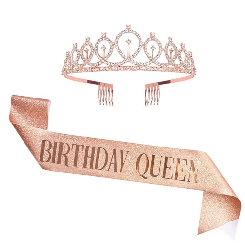 Hayaww Birthday Schärpe Geburtstag Mädchen Deko Schärpe Und Tiara Geburtstag Königin Schärpe Strass Tiara Kit Geburtstag Schärpe Und Geburtstagskrone Mädchen Rose Gold Mädchen Geburtstag Party Deko von Hayaww