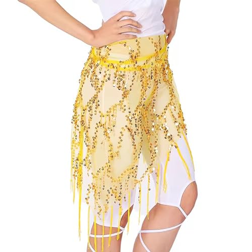 Hayaww Damen Bauchtanz Hüfttuch Mit Pailletten Gürtel Rock Bauchtanz Pailletten Glitzer Rock Mit Fransen Bauchtanz Gürtel Bauchtanz Hüfttuch Damen Für Frauen Und Mädchen Festival Tanzperformance(Gelb) von Hayaww