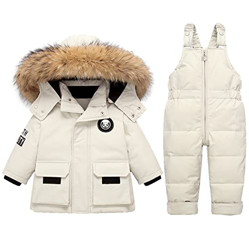 Hayisugal 2 Stück Baby Schneeanzug Set Winter Daunenjacke + Schneehosen Kinder Skianzug Outfit Kinder Schneeanzug Daunenjacke mit Kaputze + Schneelatzhose, Weiß, 90/Baby Höhe 80-90cm von Hayisugal