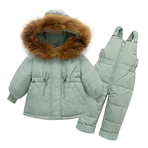 Hayisugal Baby Skianzüge Mädchen Jungen 2 Stück Schneeanzug Verdickte Kinder Winterjacke Künstliches Fell Kaputze + Daunenjacke Skihose Daunenhose Skianzug, Grün, 80/Baby Höhe 70-80cm von Hayisugal