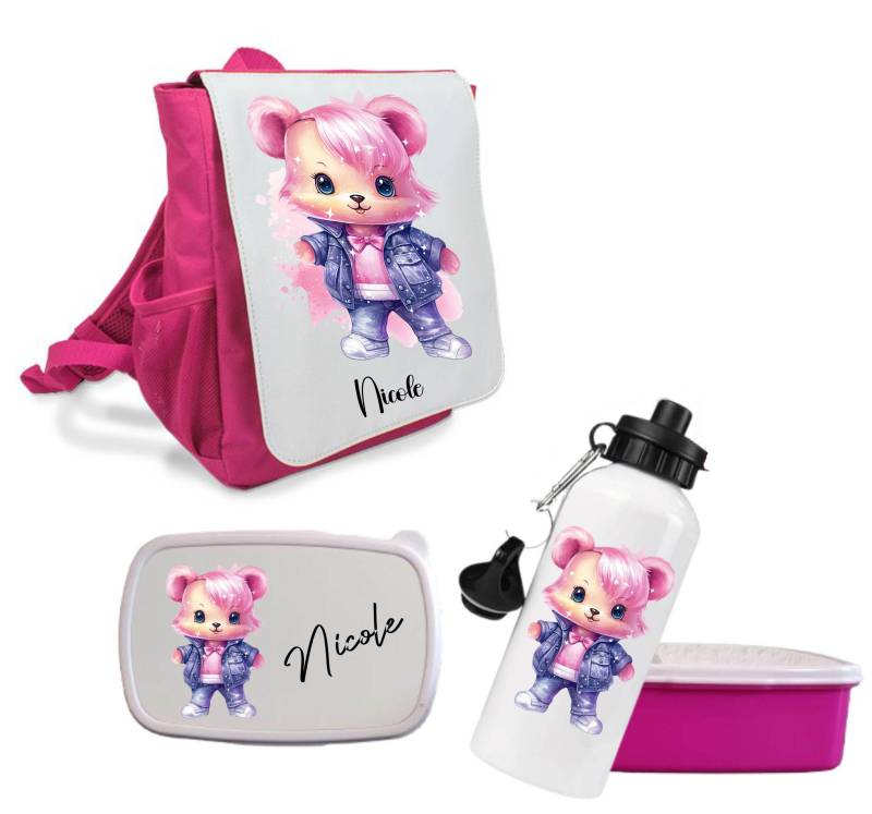 Kinder Set 3 Teilig, Rucksack, Trinkflasche, Brotdose - 6 Motive Zur Wahl Pink Kindergarten, Vorschule Freizeit Geschenk- Mit Namen von HaynWerbung