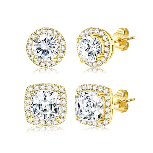 Hayoso 18K Gold Plated Halo Stud Earrings 925 Sterling Silver Cubic Zirconia, Round Square Diamonique Stud Earrings Set for Women Men - Gold Hayoso 18K Gold Plated Halo Stud Earrings 925 Sterling Silver Cubic Zirconia, Round Square Diamonique Stud Earrings Set for Women Men - Gold von Hayoso