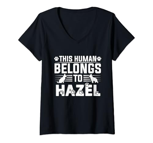 Damen Personalisierbares Geschenk für Hunde, Haselname "This Human Belongs To a Dog" T-Shirt mit V-Ausschnitt Damen Personalisierbares Geschenk für Hunde, Haselname "This Human Belongs To a Dog" T-Shirt mit V-Ausschnitt von Hazel Dog Name GIfts