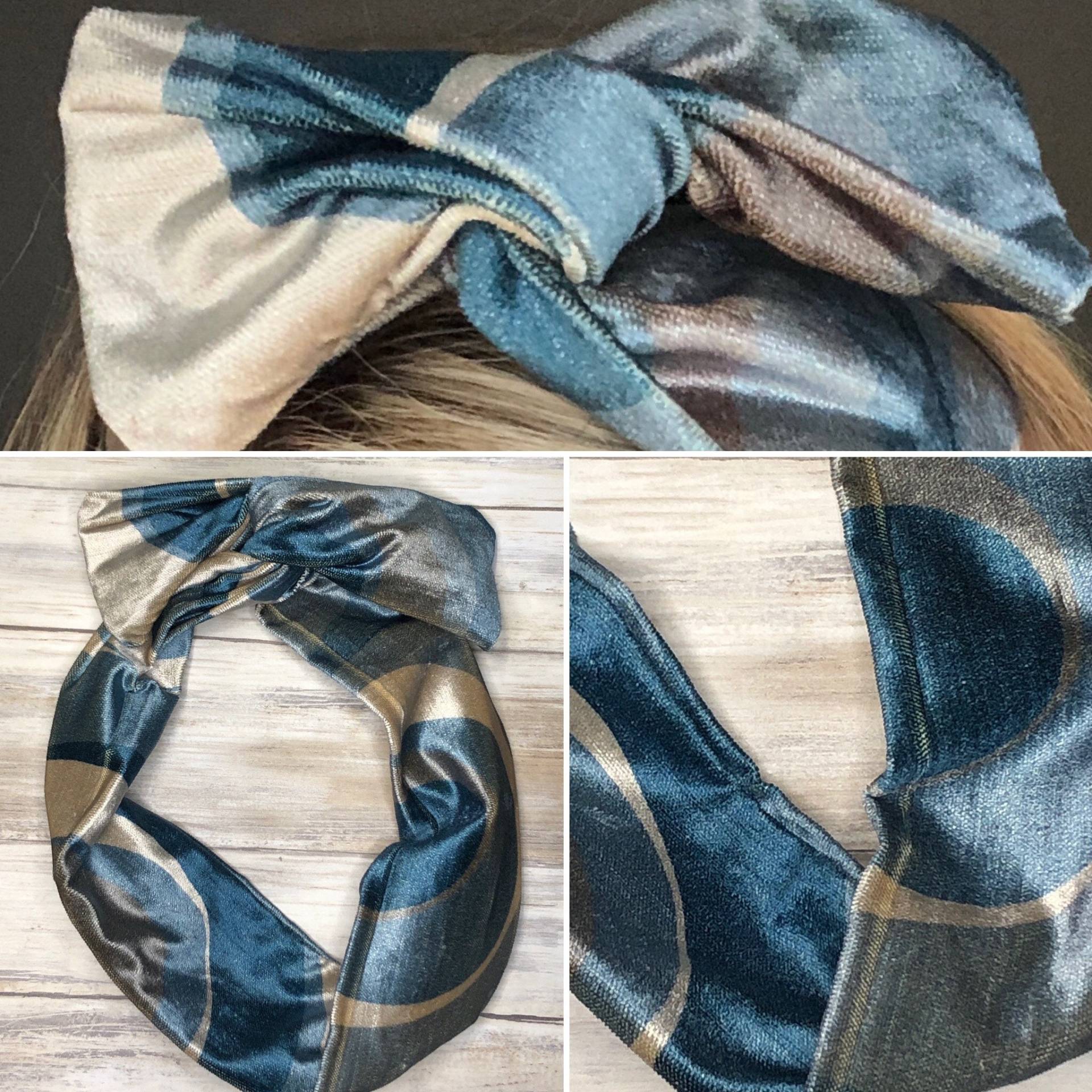 Haarband/Kopftuch, Bügelschleife Blau Gemusterter Samtstoff von HazelbankCo