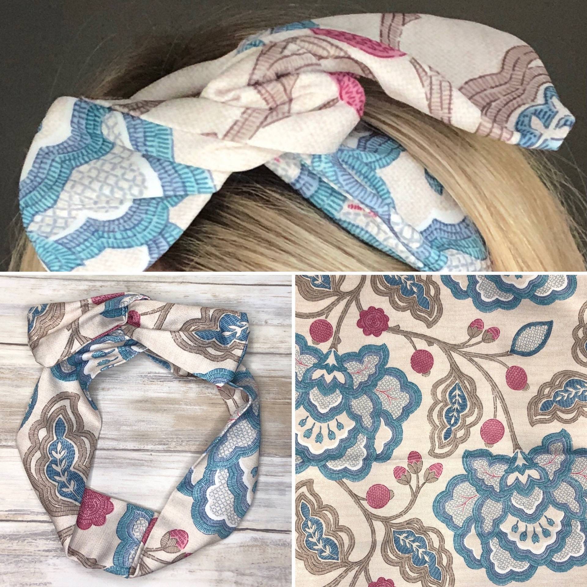 Haarband/Kopftuch, Bügelschleife Pink Und Blau Geblümt Gemusterter Stoff von HazelbankCo