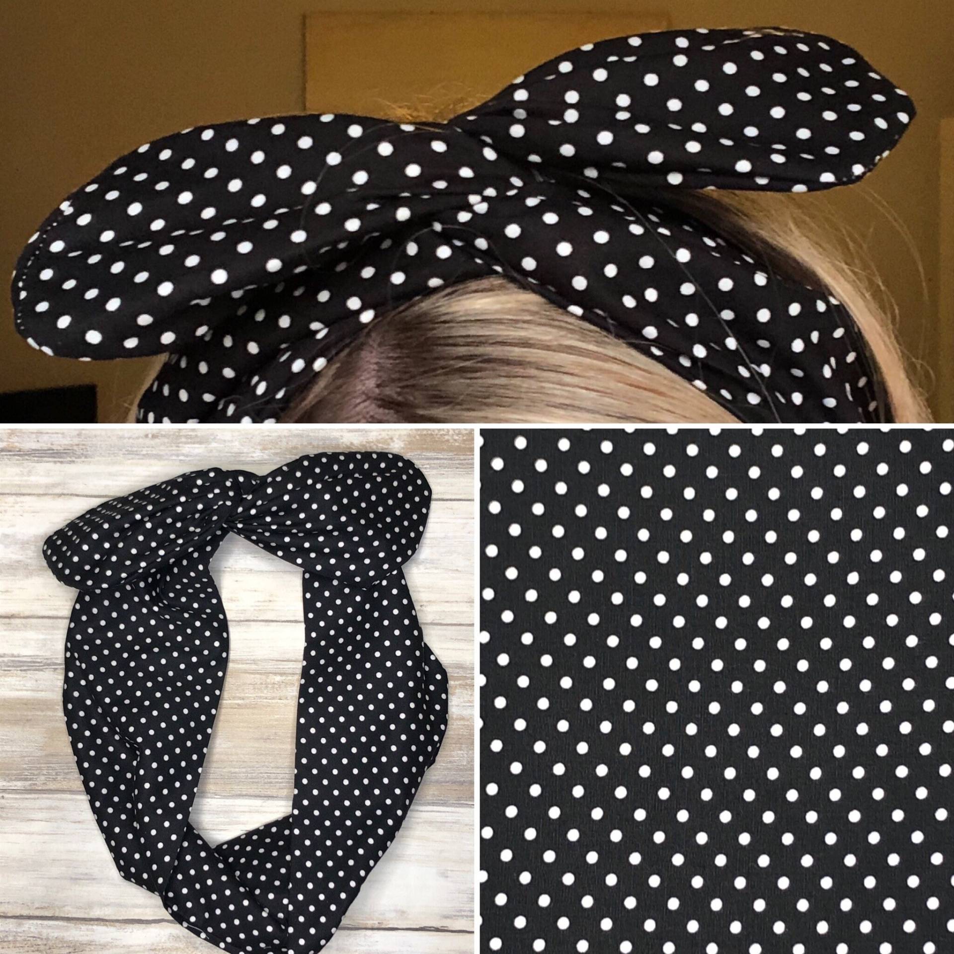 Schwarzes Fleckiges Haarband/Kopftuch, Drahtige Fliege Wickelband Schwarz Polka Dot Stoff von HazelbankCo