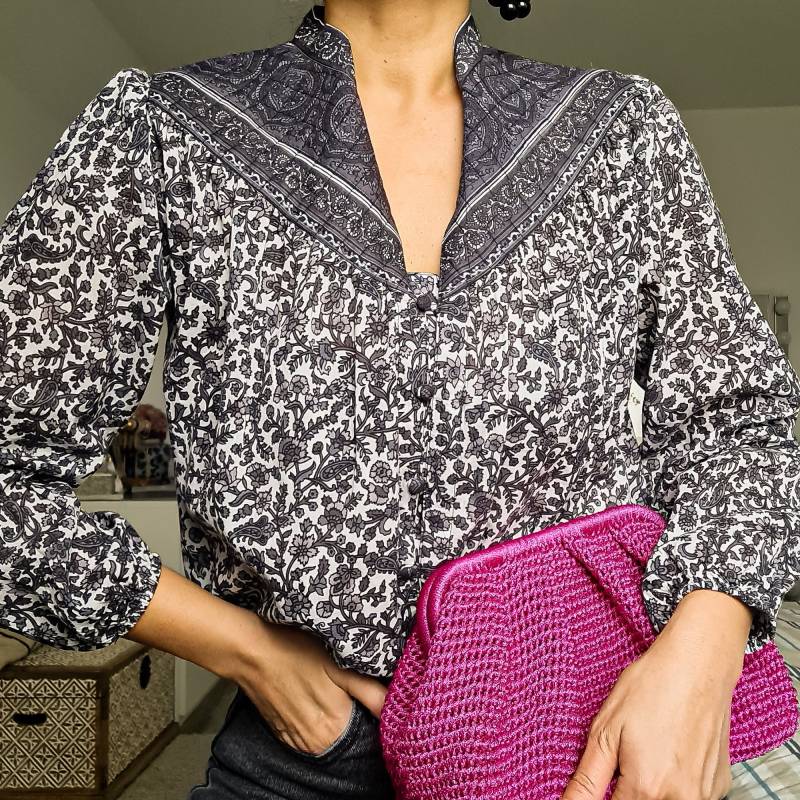 Block Print Baumwollbluse Schwarz & Creme Floral Boho Top von Hazelfashionstudio