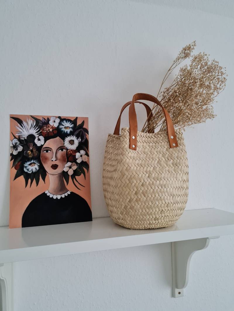 Handgefertigte Korbtasche Braune Lederhenkel Market Tote von Hazelfashionstudio
