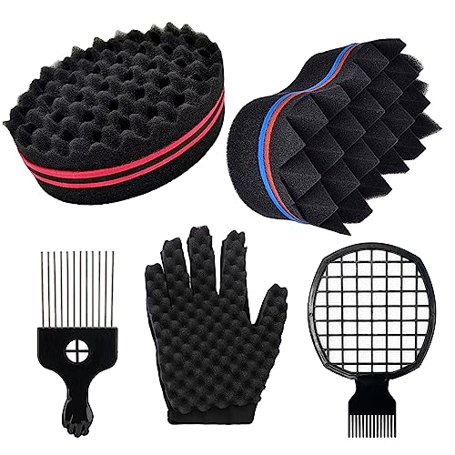 Hazrcvr Magic Curl Sponge 2 Stück Doppelseitiges Haarbürste Schwamm Twist Sponge Afro Kamm Twist Curl Schwamm Pick Herren Afro Kamm mit Metall Kamm und Lockenwickler Handschuhe von Hazrcvr