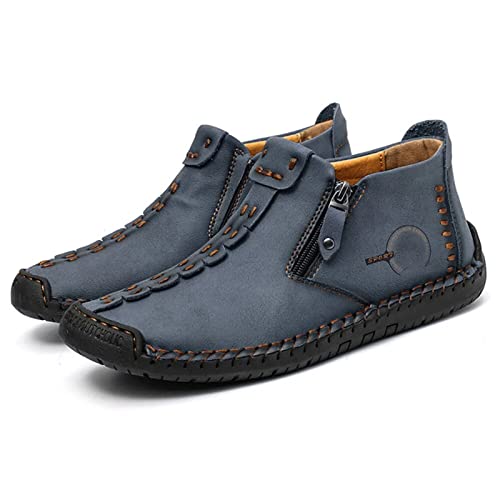 Hbaydor 2024 Italienische Handgefertigte Hochstiefel, Herren Rutschfeste Bequeme Reißverschluss Leder Freizeit Sneakers Atmungsaktive Hohe Chukka Stiefel Übergroße Schuhgröße,Blau,43 von Hbaydor