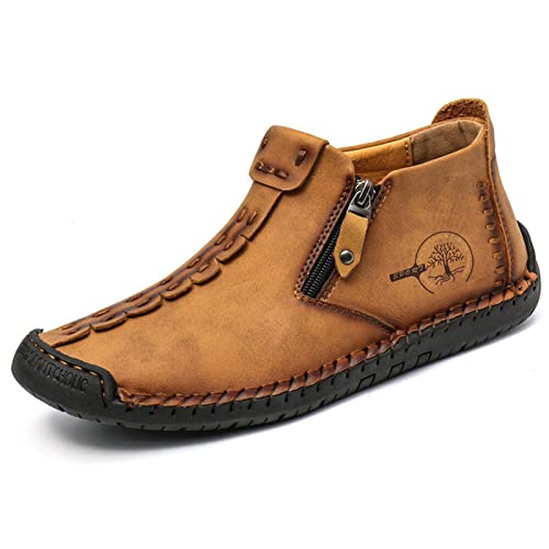 Hbaydor 2024 Italienische Handgefertigte Hochstiefel, Herren Rutschfeste Bequeme Reißverschluss Leder Freizeit Sneakers Atmungsaktive Hohe Chukka Stiefel Übergroße Schuhgröße,Braun,46 von Hbaydor