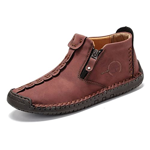 Hbaydor 2024 Italienische Handgefertigte Hochstiefel, Herren Rutschfeste Bequeme Reißverschluss Leder Freizeit Sneakers Atmungsaktive Hohe Chukka Stiefel Übergroße Schuhgröße,Rot,44 von Hbaydor