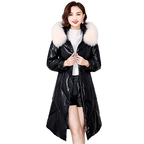 Echter Kragen Kapuze Damen Lederjacke Winter 90% Entendaunen Mantel Lang Puffer Parkas Outwear, Schwarz mit beigem Fell, 48 von Hcclijo