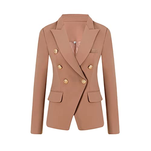 Frühling Herbst Schlank Zweireiher Frauen Blazer OL Einfarbig Qualität Anzug Jacke Camel XL von Hcclijo