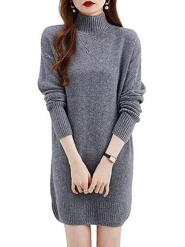 Hcclijo Damen Pullover 100% Merinowolle Langer Pullover Kleid Warm Langärmelig Strick Pullover Rollkragen Pullover Gray M von Hcclijo