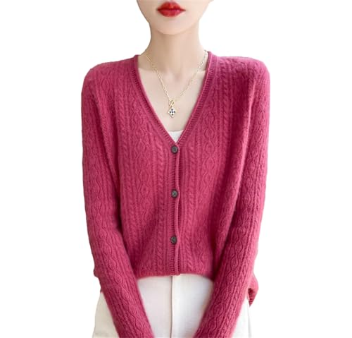 Hcclijo Damen Woll Cardigan V Ausschnitt Langärmelig Hohles Zopfmuster 100% Merinowolle Strickwaren Kaschmirpullover Shumei Red XXL von Hcclijo