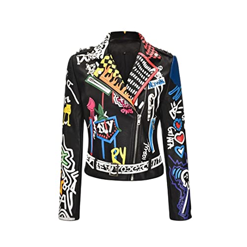 Hcclijo Europäische Und Amerikanische Revers-Reißverschluss-Graffiti-Schwerdruck-Schwarz-Punk-Straßen-Kurzjacke Black L von Hcclijo