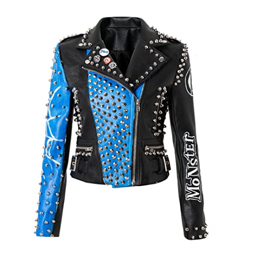 Hcclijo Frühlings-Bikerjacke Mit Totenkopf-Print Punk-Stud-Jacke Kurze Lederjacke Für Damen 1691 XL von Hcclijo